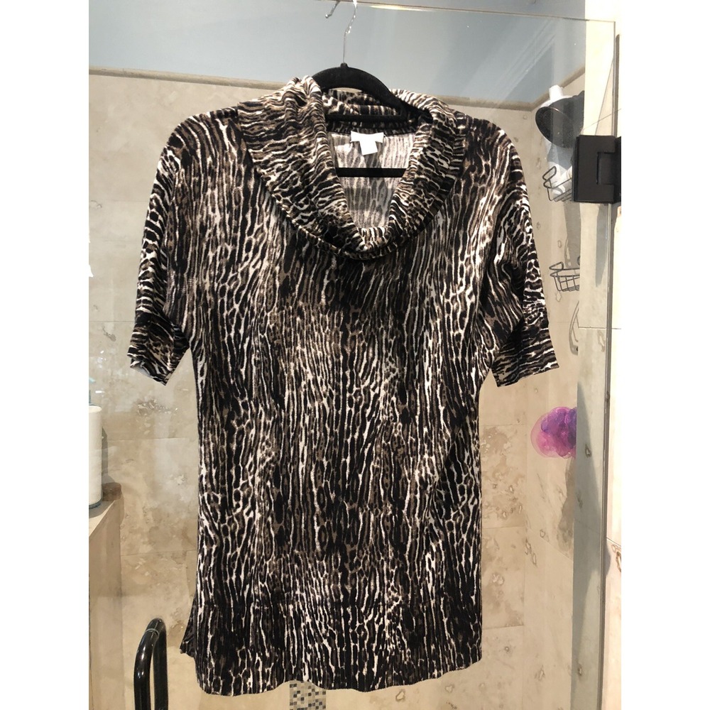 Chicos Cowl Neck Tunic Sweater 1 8-10 Animal Print Tan Brown Black Short Sleeve